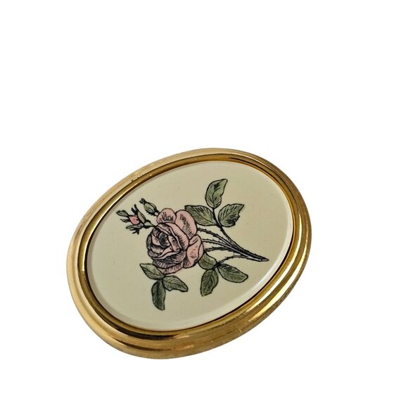 Barlow Oval Rose Floral Pin Brooch With Gold Tone Trim - Picture 7 of 7